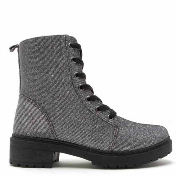 Qupid Shoes - GET NOTICED! Qupid Pewter Glitter Combat BOOT